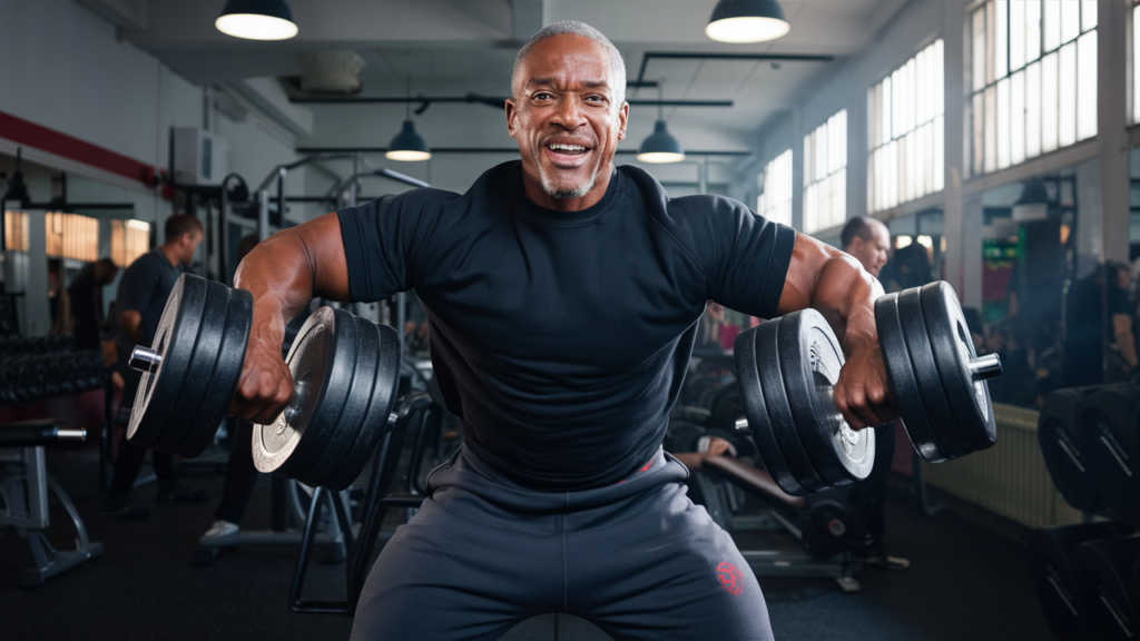 A man in his 50s lifting dumbbells in a gym setting.