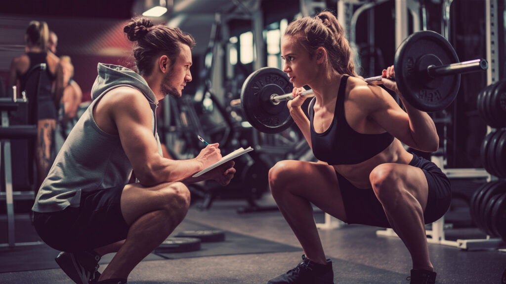 a personal trainer guiding a client through a hypertrophy-focused workout session